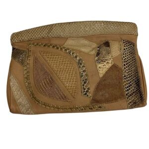 Vintage Varon Leather & Snakeskin Clutch Crossbody Bag Brown Retro